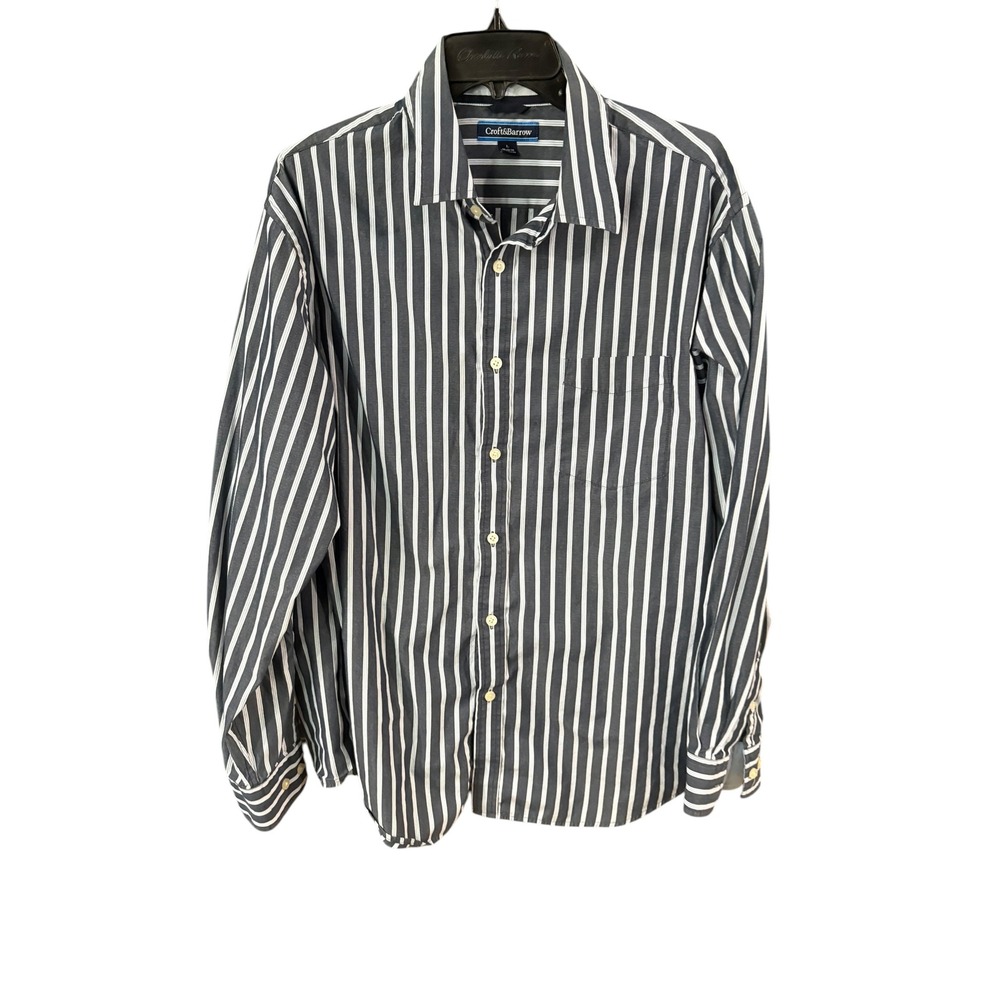 Croft‎ & Barrow Mens Navy Blue White Striped Button Down Shirt Long Sleeve Large
